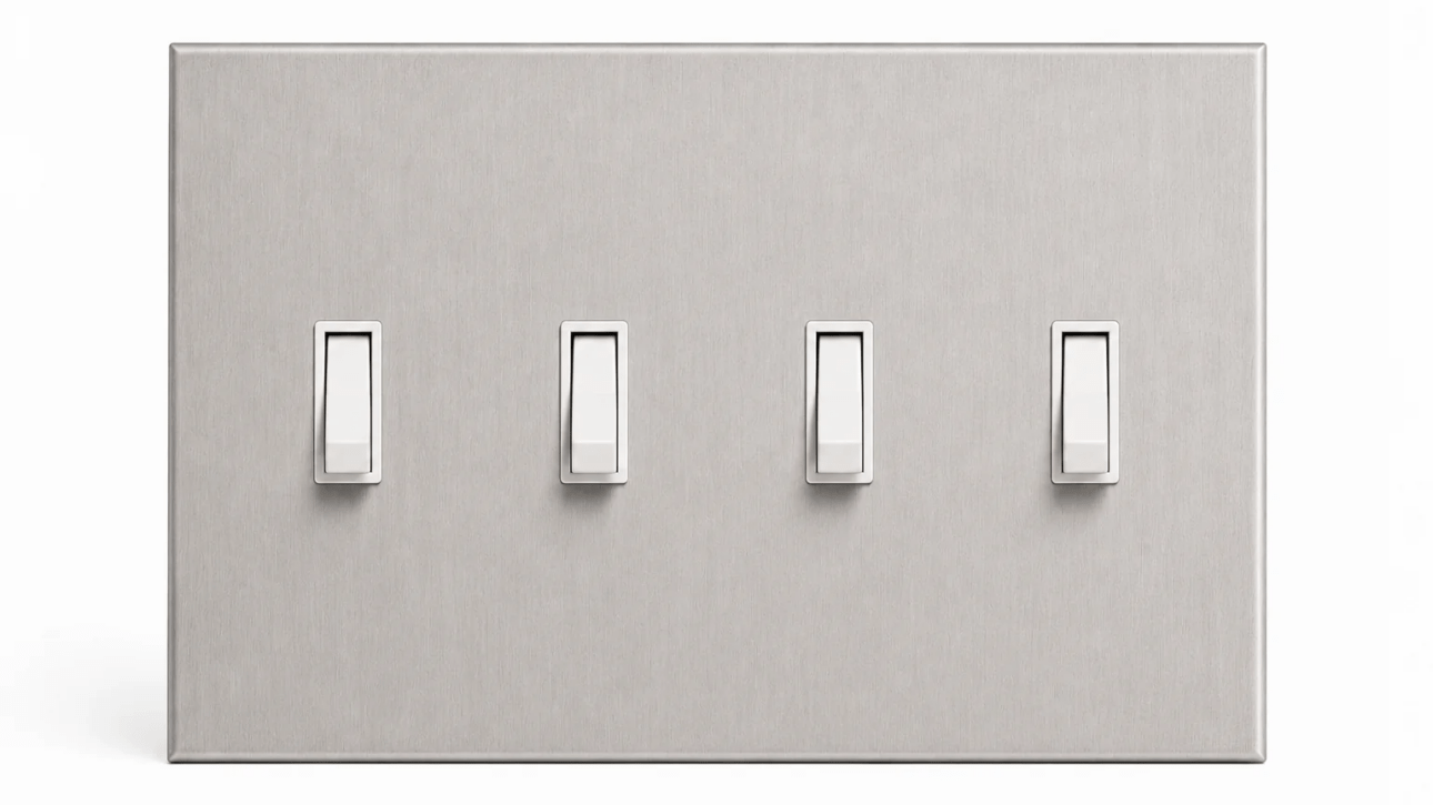 Brushed stainless steel 4 Toggle Wall Plate with four toggle switches.