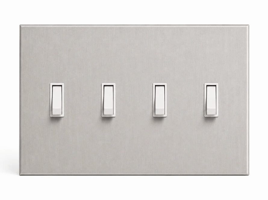 Brushed stainless steel 4 Toggle Wall Plate with four toggle switches.