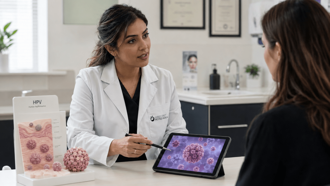 A female doctor in a white coat sits at a desk in a medical office, pointing with a pen to a tablet displaying a 3D model of the HPV virus while speaking to a patient. An anatomical HPV model showing skin layers and virus particles sits on the desk.