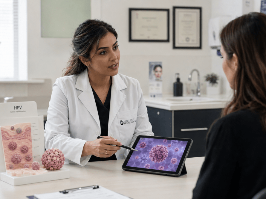 A female doctor in a white coat sits at a desk in a medical office, pointing with a pen to a tablet displaying a 3D model of the HPV virus while speaking to a patient. An anatomical HPV model showing skin layers and virus particles sits on the desk.