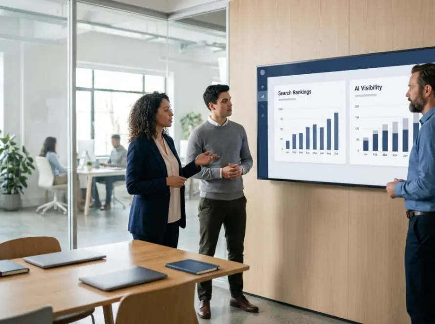 Enterprise marketing team reviewing AI search visibility data alongside traditional search rankings on a dashboard