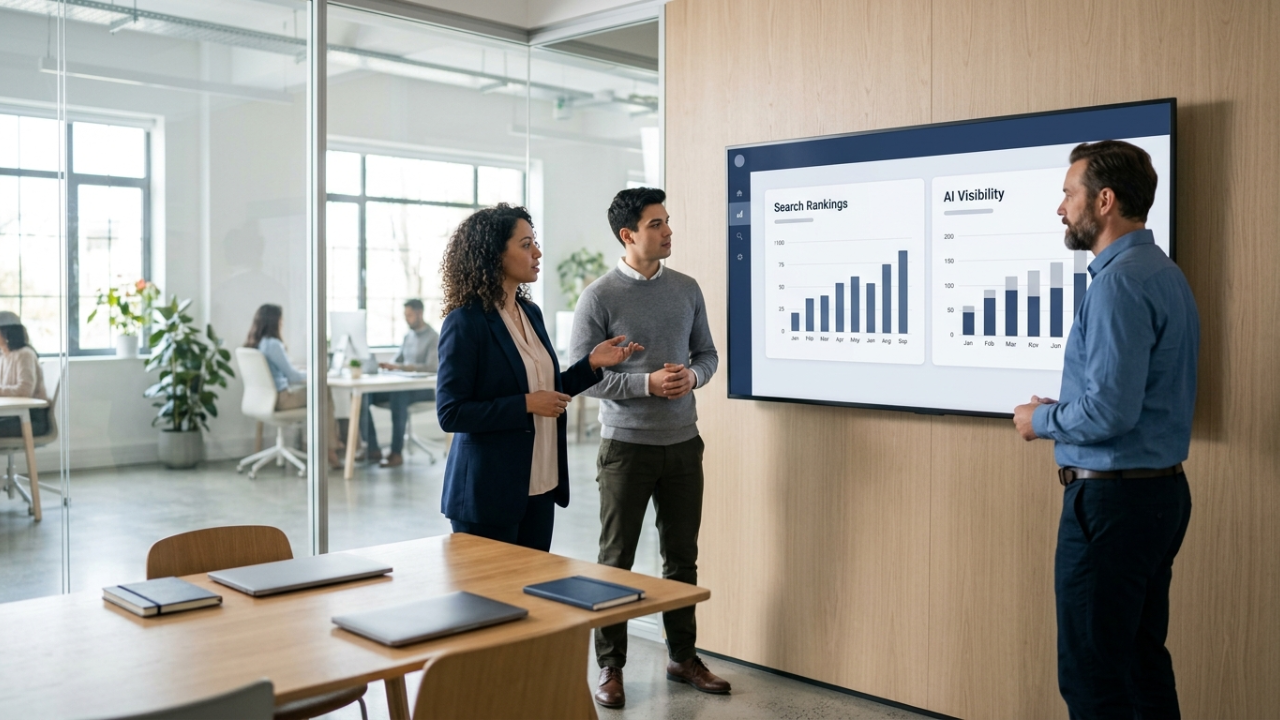 Enterprise marketing team reviewing AI search visibility data alongside traditional search rankings on a dashboard