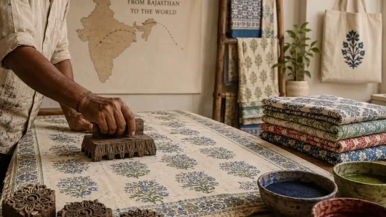 Hand block print textiles India with Rajasthan artisan printing fabric