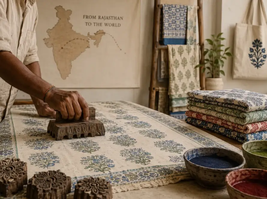 Hand block print textiles India with Rajasthan artisan printing fabric